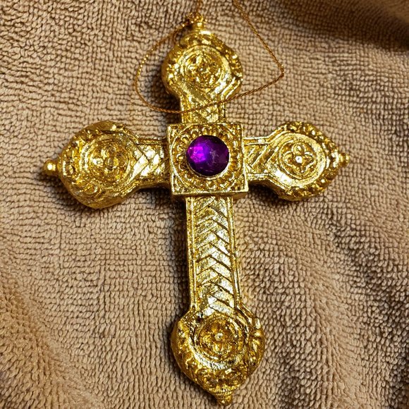 Christmas Ornament Gold Cross with Purple Faux Gem ~ 2 AVAILABLE - Picture 4 of 4